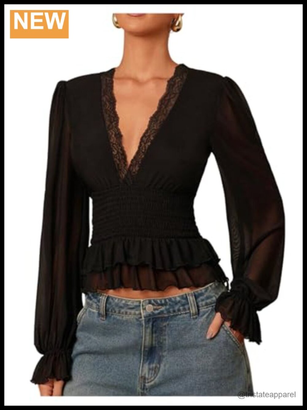 Elegant Lace Long Sleeve Peplum Blouse Deep V Neck Ruffle Hem